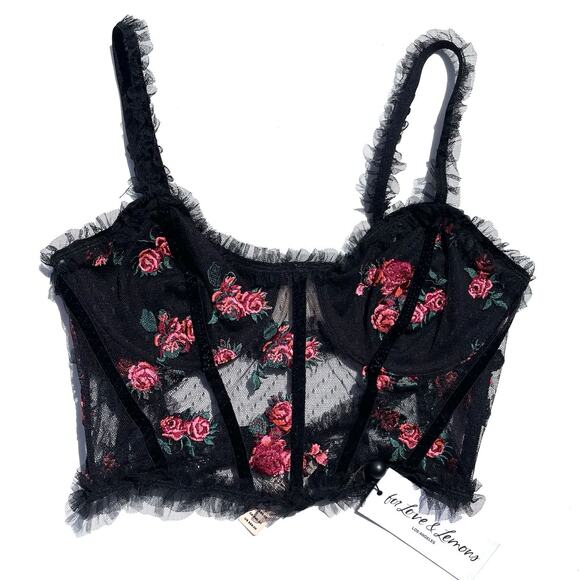 For Love And Lemons Bustier Bra Womens Small Black Mesh Embroidered Underwire - Picture 1 of 8